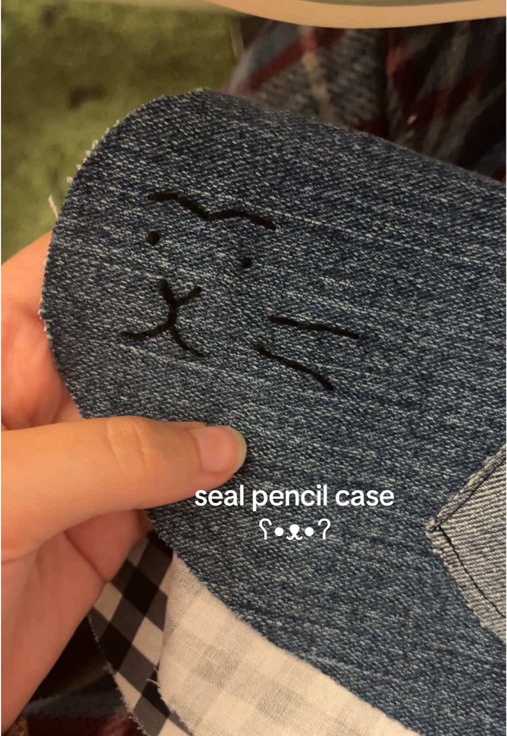 I love my son! Going to try making more with some adjustments 🤓☝️🔬  #seal #cute #funny #silly #handmade #DIY #sewing #gingham #quirky #twee #whimsy #fyp #trinket #pencilcase #embroidery #denim #wallet #pouch #keychain 