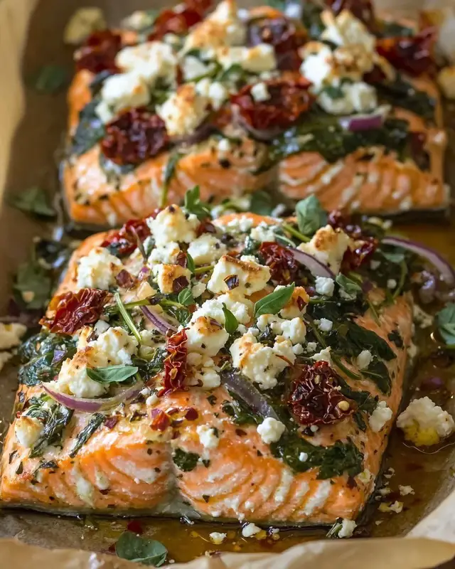 Mediterranean Baked Salmon with feta, spinach, and sun-dried tomatoes. Quick Recipe: 	•	Ingredients: Salmon fillets, baby spinach, sun-dried tomatoes, red onion, feta cheese, olive oil, oregano, salt, pepper. 	•	Steps: 	1.	Preheat oven to 200°C (400°F). 	2.	Place salmon on a baking tray lined with parchment. 	3.	Top with spinach, sliced onion, chopped sun-dried tomatoes, crumbled feta, oregano, salt & pepper. 	4.	Drizzle with olive oil. 	5.	Bake 15–20 min until salmon is cooked through.