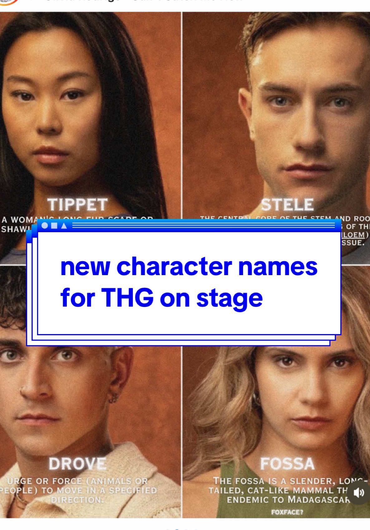 What do you think about this? Do we make these names canon??  Credit to RuesLegacy on IG #thehungergames #foxface #thehungergamesonstage #inproduction #suzannecollins #panem 