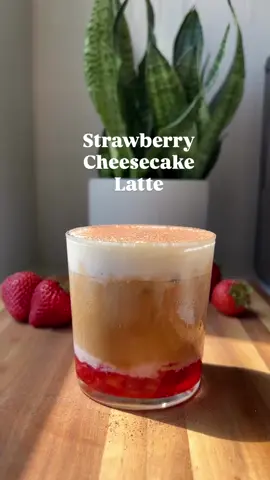 Strawberry Cheesecake Latte 🍓☕️ Base: 2 oz fresh brewed espresso 1/4 cup whole milk 2 tbsp homemade strawberry puree (strawberries + 1 tbsp sugar) Cheesecake Cold Foam: 1.5 oz heavy cream 1.5 oz whole milk 1 tsp powdered sugar 1 tbsp cream cheese *hand mix to soften, then use hand frother to whip #espresso #drinkoftheday #coffeelover #coffeetok #coffeetime #strawberry 