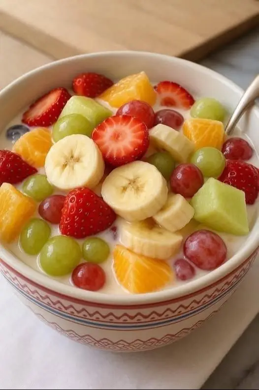 Creamy Fruit Salad Ingredients: 1 banana, sliced 1 mango, diced 1 cup strawberries, halved 1 cup mixed fruits (optional) 1/2 cup condensed milk 1/2 cup cream or yogurt Instructions: 1. Mix all chopped fruits in a bowl. 2. Add condensed milk and cream. 3. Toss gently to coat. 4. Chill and serve cold.