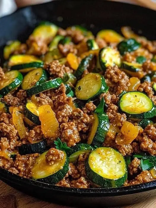 GROUND TURKEY AND ZUCCHINI SKILLET 🍲🥒 📋 Ingredients: 1 lb ground turkey 2 medium zucchinis, sliced into half-moons 1 tbsp olive oil ½ medium onion, chopped 2 garlic cloves, minced 1 tsp dried oregano ½ tsp salt ¼ tsp black pepper ¼ tsp red pepper flakes (optional) ¼ cup vegetable broth ¼ cup grated Parmesan cheese 👩‍🍳 Directions: 1️⃣ Sauté the Aromatics Heat olive oil in a large nonstick skillet over medium heat. Add chopped onion and cook for 3–4 minutes until softened. Add garlic and cook for 30 seconds until fragrant. 2️⃣ Brown the Turkey Add ground turkey, breaking it apart with a spoon. Cook for 6–8 minutes until browned and no longer pink. Lightly season with salt and pepper. 3️⃣ Add Zucchini and Spices Stir in zucchini and cook for 4–5 minutes until slightly tender. Add oregano, red pepper flakes, and adjust salt and pepper. 4️⃣ Simmer with Broth Pour in vegetable broth, reduce heat to low, cover, and simmer for 3–4 minutes. 5️⃣ Finish with Parmesan Remove lid, stir in Parmesan cheese until melted and well combined. Serve hot, garnished with fresh herbs like parsley or basil if desired. ⏱ Preparation time: 10 minutes ⏱ Cooking time: 20 minutes ⏱ Total time: 30 minutes 🔥 Calories: ~340 kcal per serving 🍽 Servings: 4