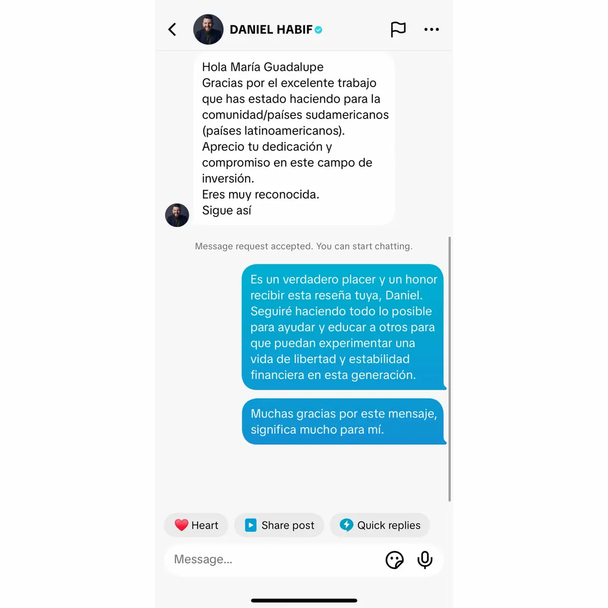 Acabo de recibir un mensaje de @DANIEL HABIF uno de los mejores expertos financieros del mundo. 🌎 Espero que esto inspire y motive a las personas a tomar el control de sus finanzas y comenzar a invertir en su futuro!