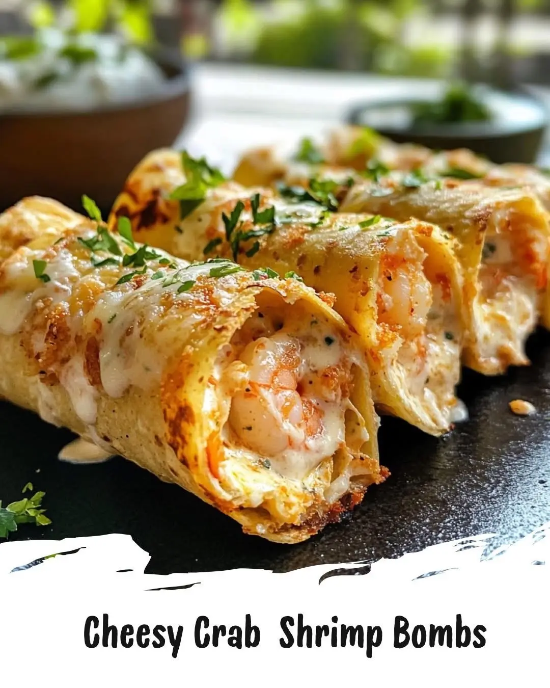 Deliciously crispy tortilla bombs filled with cheesy crab and shrimp, drizzled with garlic cream. Ingredients: - 8 small flour tortillas - 1 cup crab meat - 1 cup cooked shrimp, chopped - 1 cup shredded cheese (cheddar or mozzarella) - 1/2 cup cream cheese, softened - 1/4 cup garlic, minced - 1/4 cup green onions, chopped - 1 tablespoon lemon juice - Salt and pepper to taste - Oil for frying Directions: - In a mixing bowl, combine crab meat, chopped shrimp, shredded cheese, cream cheese, minced garlic, green onions, lemon juice, salt, and pepper. Mix well. - Place about 2 tablespoons of the seafood mixture in the center of each tortilla. - Fold the tortilla over the filling and seal the edges tightly. - Heat oil in a frying pan over medium heat. - Fry the tortilla bombs until golden brown and crispy on both sides, about 3-4 minutes per side. - Remove from the pan and drain on paper towels to remove excess oil. - Serve warm, drizzled with additional garlic cream if desired. Time and Nutrition: Prep Time: 15 minutes   Cook Time: 20 minutes   Total Time: 35 minutes   Calories (Kcal): 350   Servings: 4   #tortilla #shrimp #crab #cheesy 