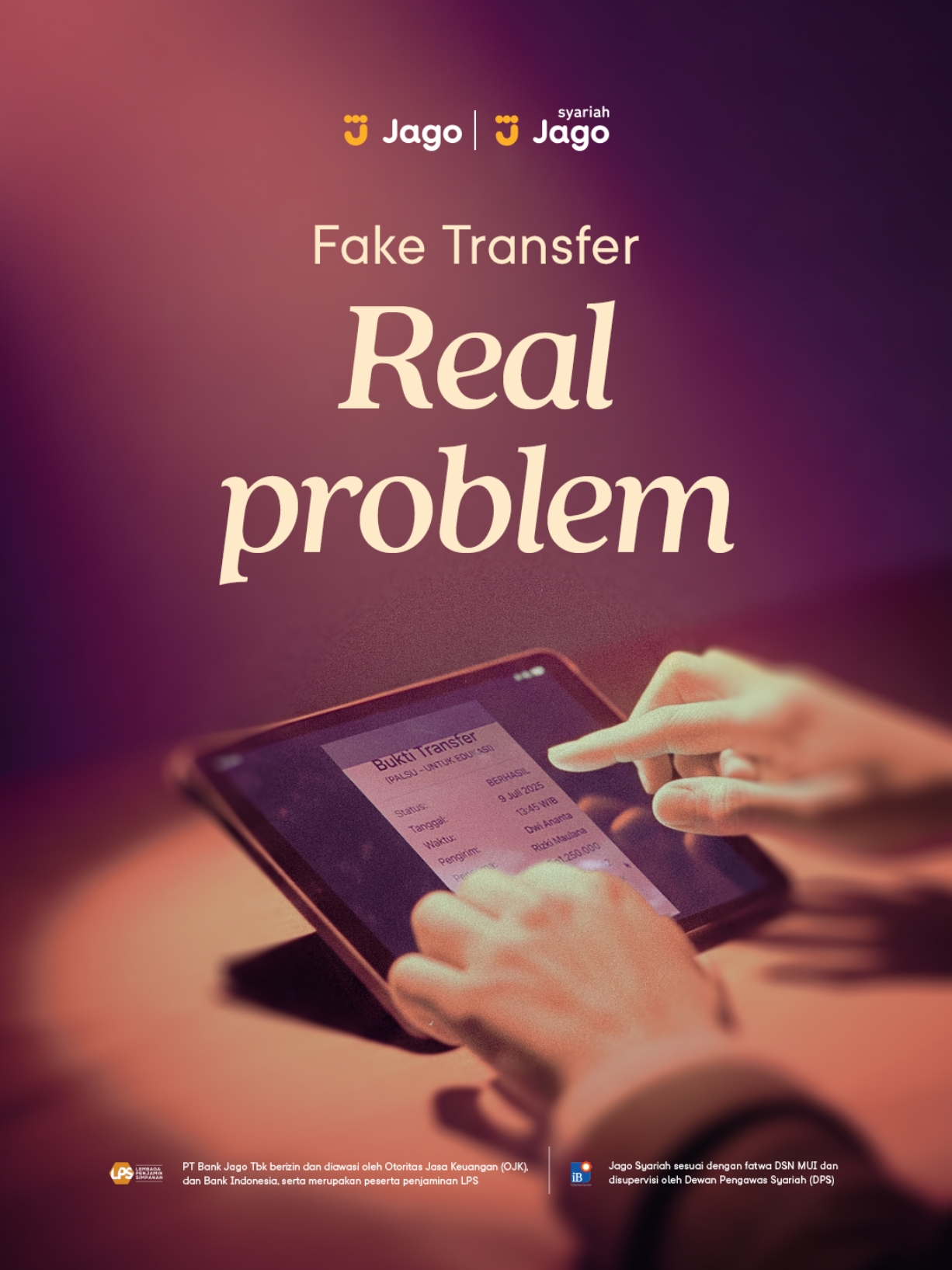 Transfer udah masuk… KATANYA! 👀 Jangan cuma liat bukti transfer, cek saldo juga! Sekarang banyak yang bisa edit foto bukti transfer. Apalagi udah ada AI. Cek mutasi sebelum lanjut transaksi, biar jago jaga diri di era digital ini! ☝🏻 #SesuaiMaumu #GeberPK #KonsumenCerdasPeKABertransaksi @genpeka_ -------------------------- PT Bank Jago Tbk berizin dan diawasi oleh Otoritas Jasa Keuangan (OJK) dan Bank Indonesia, serta merupakan peserta penjaminan LPS. Jago Syariah sesuai dengan fatwa DSN MUI dan disupervisi oleh Dewan Pengawas Syariah (DPS).