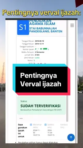 Verval ijazah  Info gtk Pentingnya verval ijazah: Bagi Individu: Seleksi PPPK dan PPG: Verval ijazah merupakan syarat wajib untuk mendaftar seleksi PPPK (Pegawai Pemerintah dengan Perjanjian Kerja) dan PPG (Pendidikan Profesi Guru). Data ijazah yang tidak terverifikasi dapat menggagalkan pendaftaran. Validasi Data Pendidikan: Memastikan data riwayat pendidikan yang tercatat di Dapodik sesuai dengan data ijazah, yang menjadi dasar penyaluran berbagai tunjangan dan program peningkatan kompetensi guru. Peningkatan Kredibilitas: Meningkatkan kepercayaan diri individu dalam melamar pekerjaan dan mengikuti program pendidikan lainnya karena ijazahnya telah terverifikasi.