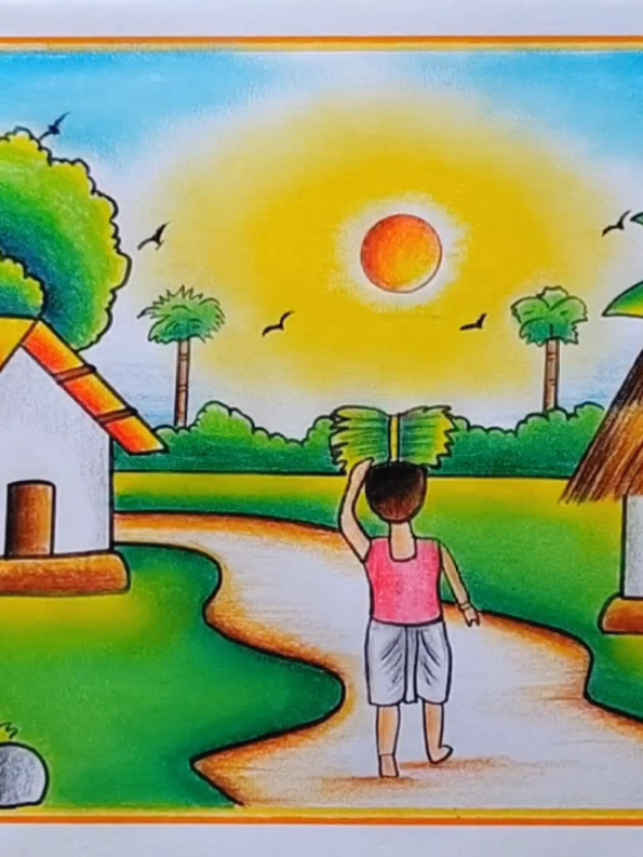 How to draw easy scenery drawing| Village scenery drawing| Village Farmer scenery drawing| House 🏡 #drawing #villagescenery #pencildrawing #art #abcdrawing 