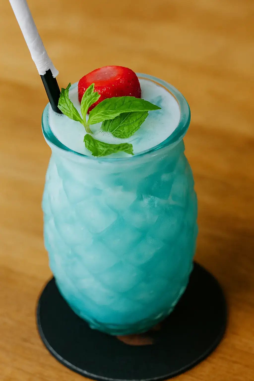 Sipping tropical dreams on a Friday night ✨🍍🥥 This creamy-sweet mocktail blends pineapple juice, coconut milk, and coconut syrup with a splash of curacao syrup, crowned with fresh strawberry and mint leaves. Pure paradise in a cup—no passport required. 🌴🍓💛 #TropicalVibes #MocktailMagic #FridayNightSips #IslandInACup