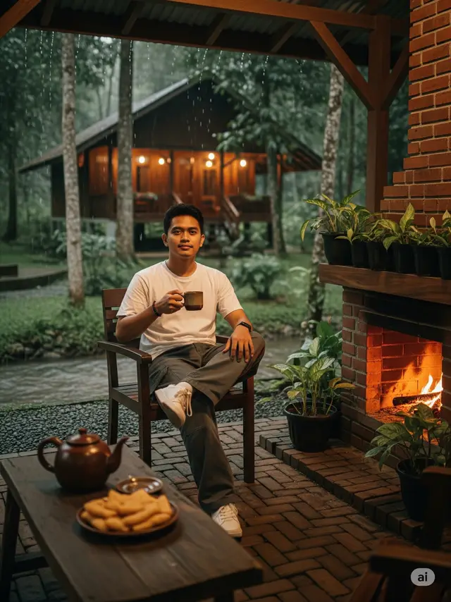 Prompt : Buatkan foto seorang pria muda Indonesia duduk di sebuah kursi kayu berwarna coklat gelap, menghadap ke arah kamera dengan ekspresi santai. Ia mengenakan Kaos putih polos dan celana kargo panjang berwarna abu dan sepatu kets berwarna putih , dan terlihat memegang sebuah cangkir minuman hangat. Latar Depan: Diatas pria terlihat atap kayu yang melindungi pria dari hujan, di depan pria terdapat sebuah meja kayu kecil yang terdapat sebuah teko klasik dan sebuah gorengan di piring. Di sebelah kanan pria tersebut terdapat perapian bata yang menyala, memancarkan cahaya oranye hangat. Beberapa tanaman pot hijau diletakkan di rak perapian dan di sekitarnya. Lantai tempat pria itu duduk terbuat dari batu bata yang tersusun rapi.  Latar Belakang: Di belakang pria, terlihat sebuah pondok kayu yang sederhana namun indah. Lampu-lampu di dalam pondok menyala, menciptakan suasana yang ramah dan mengundang. Di depan pondok, ada aliran air atau sungai kecil yang mengalir, menambah kesan natural. Seluruh pemandangan dikelilingi oleh pepohonan hijau yang lebat, dan terlihat ada rintik-rintik hujan tipis yang turun.  Suasana Keseluruhan: Foto ini membangkitkan perasaan damai, hangat, dan kontemplatif. Kombinasi perapian yang menyala, hujan, dan alam yang asri menciptakan suasana yang ideal untuk bersantai dan menikmati momen. Rasio Aspek 3:4 #prompt #fyppppppppppppppppppppppp #google #ai #trend #fyp #geminiai #googlegemini #vibes #sad #santai 