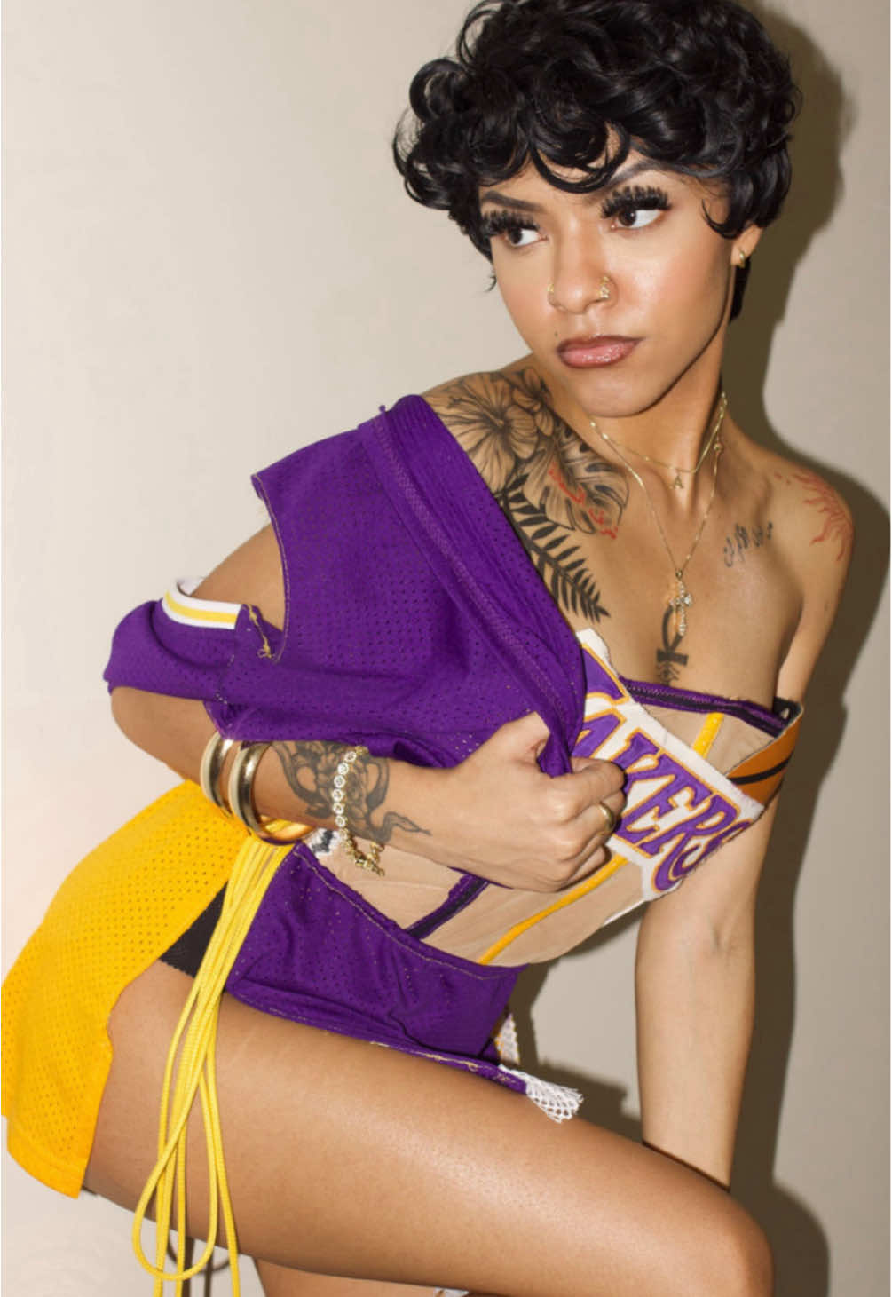 March Beyond The Runway Fashion Show BTS! This model looked so good in my reconstructed @Lakers Jersey honoring Kobe Bryant on 8/8/25  #NBA #fyp #lakers #marcellajaydesigns #marcellajay #streetwear #StreetStyle #upcycling #nbajerseys #redesign