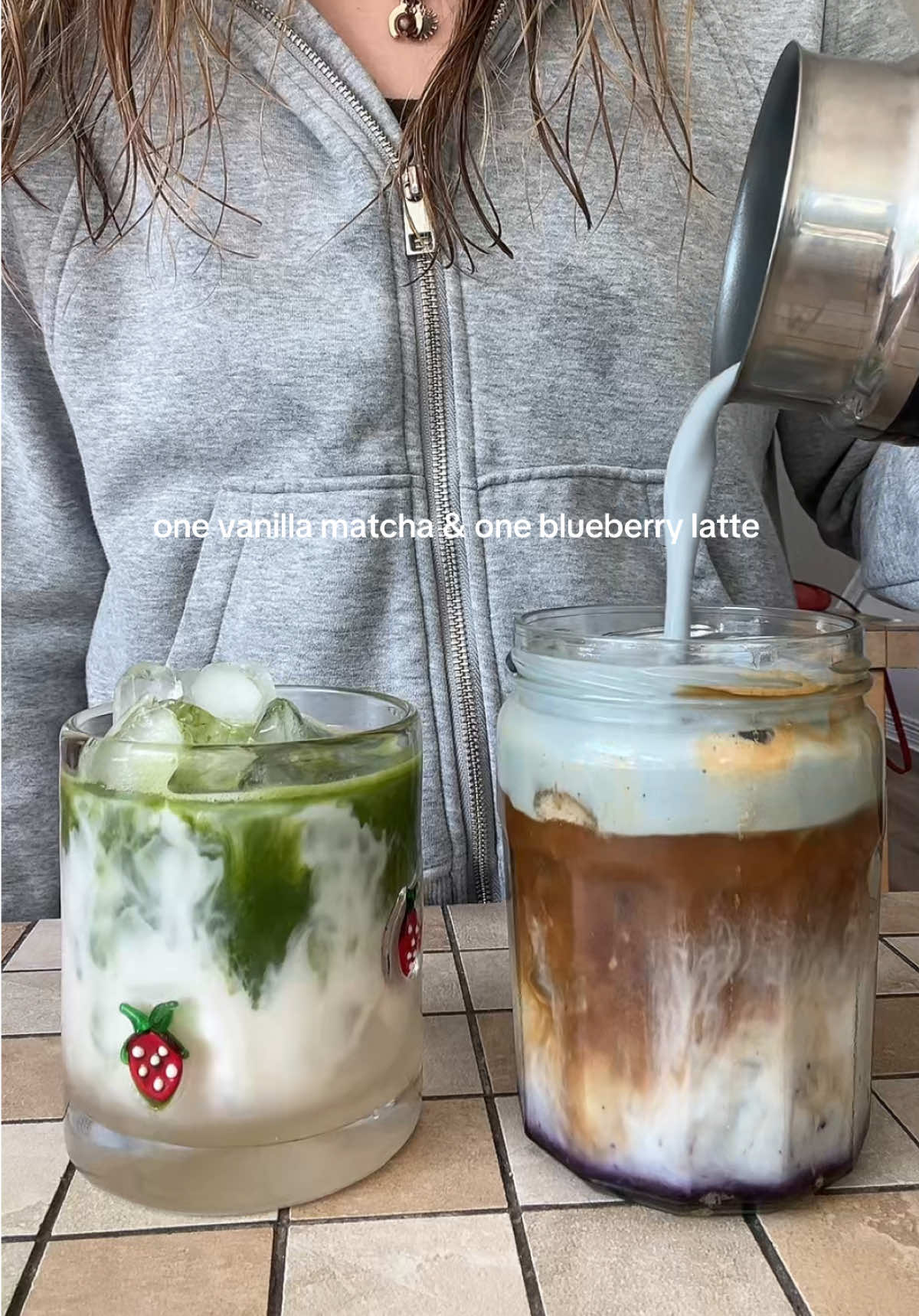 coffee for me & matcha for my sister #coffeetiktok #coffeetok #matchatok #coffeeaesthetic #blueberrylatte #vanillamatcha #athomebarista #coffeeideas #coffeerecipe #matcharecipe 