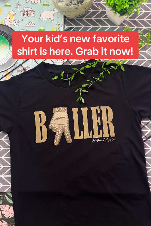 Your kid’s new favorite shirt is here. Grab it now!#kids #kidclothes #baseball #baller #camo #southern #gloves #trending #family #viral #fyp 