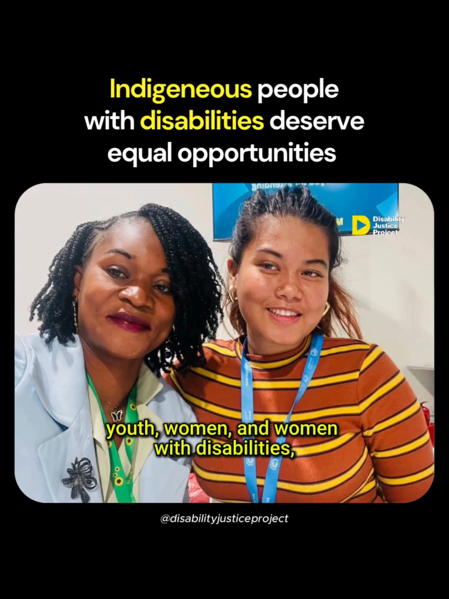 Meet Bhawana Majhi, a Disability Justice Project fellow and an Indigenous leader from Nepal advocating for equal opportunities for women and people with disabilities. From global forums to grassroots change, she’s working to build inclusive spaces and support the next generation of leaders. International Day of the World’s Indigenous Peoples #Nepal #Disability #Indigenous #WomenWithDisabilities #InternationaDayOfTheWorld'sIndigenousPeoples Video description: Bhawana Majhi, an Indigenous disabled woman from Nepal and a Disability Justice Project fellow, is pictured speaking in front of a turquoise wall adorned with traditional woven crafts. She wears a black t-shirt with a colorful embroidered patch and looks directly at the camera. Bhawana has straight dark hair tied back and natural minimal makeup. Her expression is calm yet determined as she speaks to the camera. Bold text above her reads, “Indigenous people with disabilities deserve equal opportunities,” while yellow subtitle text runs over the video. The Disability Justice Project logo appears in the top right corner, and the Instagram handle @disabilityjusticeproject is displayed at the bottom. Transcript: Many Indigenous women with disabilities face different multiple barriers and challenges and they do not get the opportunities Text on screen reads 