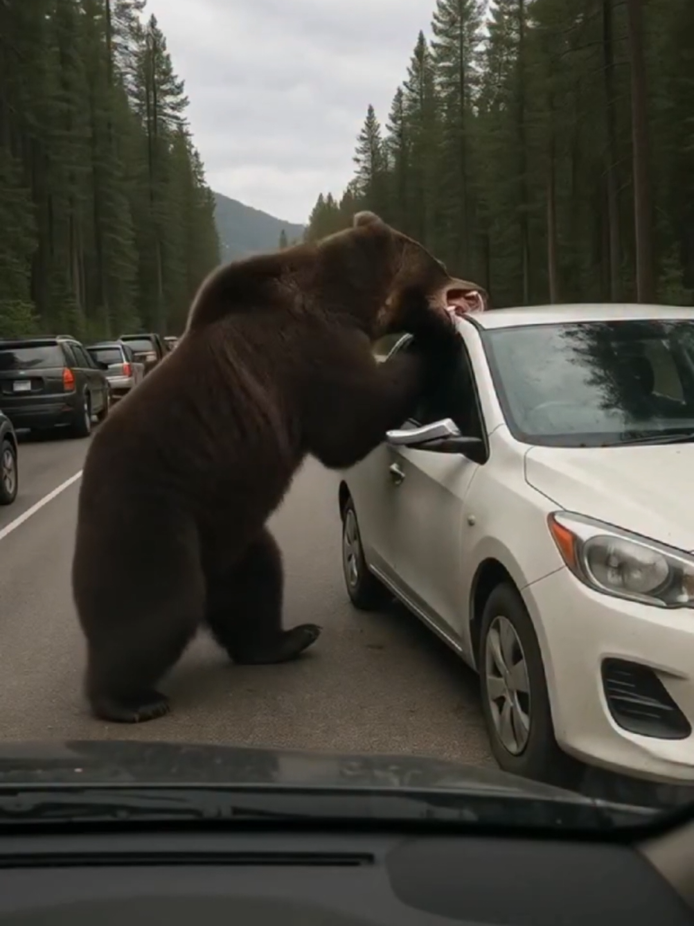 A giant, angry grizzly bear attacked vehicles. People were terrified and confused. Authorities are warning against feeding bears or wild animals, even from vehicles. This disrupts balance and order. Suddenly, the giant bear starts biting the girl's car window. Let's respect nature and animals. So angry huge bear  #animallovers #cuteanimals #fypp #animals #bear #biganimals #life #weographic #nature #wildlife #fyp #wildanimals #attack #fypage 