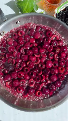 Cherries Jubilee a la Nadia 🍒 with ice cream and shaved chocolate on top…as a kid my favorite chocolate was cherries cordial so wanted the same vibes and it hit the spot! Truly, the perfect summer dessert. I would say this is enough for 4-6. Ingredients: * 1 1/4 lb cherries. * 2-4 tbsp brown sugar (depending on how sweet you want them, I did 3 tbsp). * 4 oz bourbon. * Pinch of salt. * 2 tsp vanilla. * Orange zest and juice of half. * 1/3 cup luxardo cherries + 3 tbsp of the syrup. * 4 tbsp unsalted butter. * Vanilla ice cream. * Dark chocolate to taste. Directions: 1. Remove the pit from the cherries and slice half of them in half. 2. Place dark chocolate in the freezer while you cook them. 3. Preheat your stainless steel pan for 2 min. Add the butter. Once melted add the cherries, salt and sugar. 4. Let them caramelize on medium high for 3-4 min. Add in vanilla, orange zest and juice. Let them cook for another 3-4 min. 5. Add in luxardo cherries and syrup . Turn heat on to high, add in bourbon. Be careful because it’ll flame.  6. Once flame goes out, lower heat to medium Let it reduce and get sirupy. About 3-5 min. 7. Top it with ice cream and shave chocolate on top. #cherries #flambe  #dessert #summercooking #icecream #heresmyfood #makeitdelicious #cherriesjubilee #cherrycordial