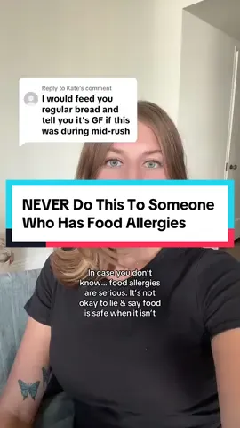 Replying to @Kate I can’t believe this even needs to be said… But you should never tell someone with food allergies that a food is safe for them to eat when it isn’t. Food allergies are serious. They can cause life-threatening reactions called anaphylaxis. This is when the body reacts severely to an allergen, which can quickly close the airways, send the body into shock, and become dangerous without immediate epinephrine treatment. It might seem like a small, funny joke to you, but it can be life-threatening for us. #foodallergies #allergy #allergies #glutenfree #allergicreaction 