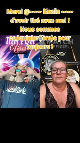Merci ~~~ 𝕂𝕠𝕒𝕝𝕒 ~~~ d'avoir tiré avec moi ! Nous sommes coéquipier(ière)s pour toujours ! @~~~ 𝕂𝕠𝕒𝕝𝕒 ~~~ #tiktoklive #livehighlights #livegift #kickittogether #kickerchallenge 