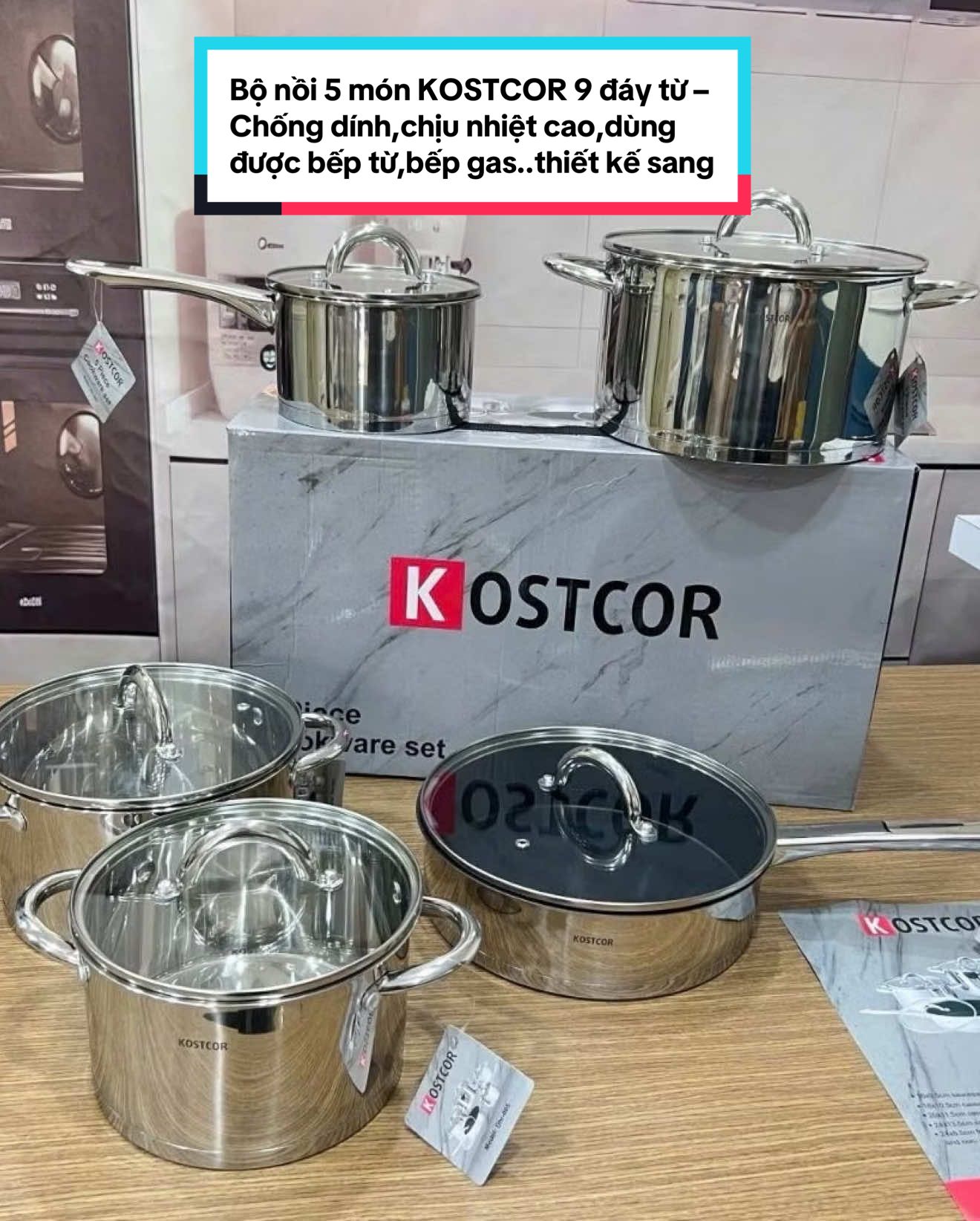 Bộ nồi 5 món KOSTCOR đáy từ – Chống dính, chịu nhiệt cao, dùng được bếp từ, bếp gas, thiết kế sang trọng bộ nồi KOSTCOR #tiktokseller #nồi #xoong #kostcor #9đáy 