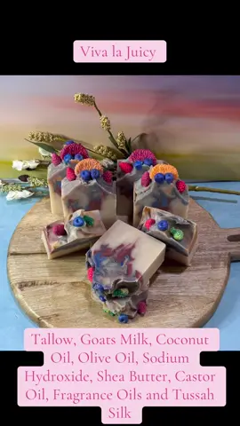 Viva La Juicy Tallow, Goats Milk, Coconut Oil, Olive Oil, Sodium Hydroxide, Shea Butter, Castor Oil, Fragrance Oils and Tussah Silk #soapcutting #coldprocesssoap #tallowsoap #soapmaking #artisansoap 