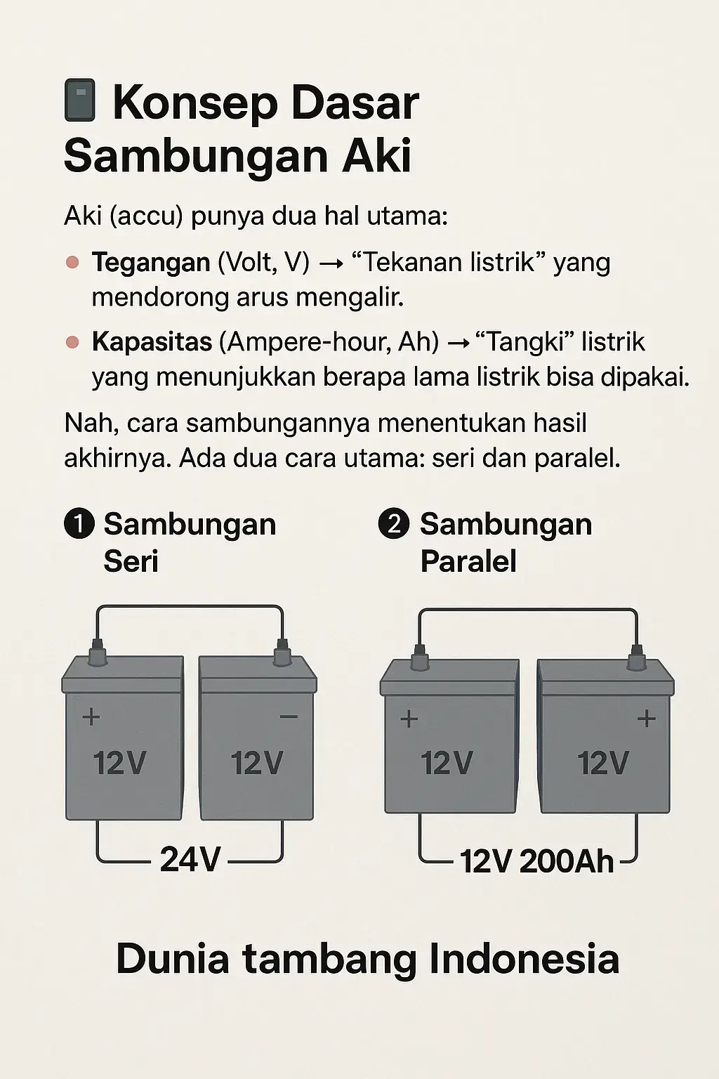 Aki (accu) punya dua hal utama: 1. Tegangan (Volt, V) → “Tekanan listrik” yang mendorong arus mengalir. 2. Kapasitas (Ampere-hour, Ah) → “Tangki” listrik yang menunjukkan berapa lama listrik bisa dipakai. Kalau kita mau menggabungkan beberapa aki, tujuan kita biasanya: Menaikkan tegangan supaya cocok dengan peralatan (misalnya dari 12V jadi 24V atau 48V). Memperbesar kapasitas supaya listrik tahan lebih lama. Atau kombinasi keduanya. Nah, cara sambungannya menentukan hasil akhirnya. Ada dua cara utama: seri dan paralel. 1️⃣ Sambungan Seri Prinsipnya: Kutub positif satu aki dihubungkan ke kutub negatif aki berikutnya. Efek pada tegangan: Bertambah (dijumlahkan). Efek pada kapasitas: Tetap (mengikuti aki yang kapasitasnya paling kecil). Gunanya: Dipakai saat kita perlu tegangan lebih tinggi dari satu aki saja. Kenapa tegangan naik? Karena rangkaian seri membuat “tekanan listrik” tiap aki saling mendorong. Kalau aki pertama punya 12V dan aki kedua 12V, totalnya jadi 24V. 2️⃣ Sambungan Paralel Prinsipnya: Semua kutub positif digabung menjadi satu, dan semua kutub negatif digabung menjadi satu. Efek pada tegangan: Tetap (mengikuti satu aki saja). Efek pada kapasitas: Bertambah (dijumlahkan). Gunanya: Dipakai saat kita perlu durasi pemakaian lebih lama tapi tetap mau tegangan yang sama. Kenapa kapasitas naik? Karena rangkaian paralel membuat arus yang bisa disuplai lebih besar, seolah-olah “tangki listrik” jadi lebih besar. #battery #accu #belajar #anakrantau #anaktambangkalimantan  #anaktambang #mekanik #electrician 