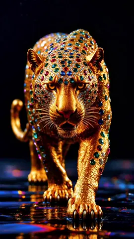 ✨🐆 Jeweled Panther A golden panther, draped in sapphires, emeralds, and rubies, stalks forward with lethal grace. Every step glitters — yet behind the beauty beats the heart of a hunter. 👁 Witness the untamed force in this breathtaking 4K live wallpaper. 🐆✨ #livewallpapers #4klivewallpaper #panther #visualart #aiart 