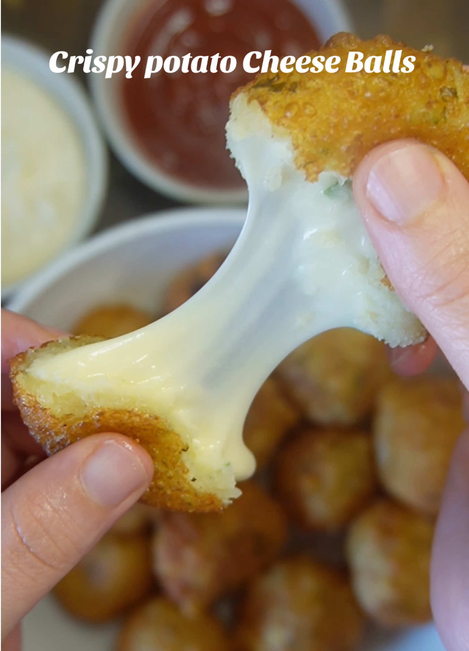 Don’t forget to follow for more delicious recipes !🔥 Last time they blew up… this time, they’re oozing Gouda Crispy outside, molten inside — happiness in every bite!  Crispy Potato Cheese Balls 💥💥💥  Ingredients:  	•	650 g potatoes  	•	4½ tbsp cornstarch (≈ 80 g) 	•	½ tsp garlic powder 	•	½ tsp onion powder 	•	1⅓ tsp salt (≈ 6 g, adjust to taste) 	•	1 tsp white pepper 	•	1 tbsp fresh parsley, finely chopped 	•	Gouda cheese, cut into small cubes         •	 Vegetable oil (e.g., sunflower oil) — enough for deep frying Instructions: 	1.	Cook the potatoes: Peel and boil until soft. Drain well and mash until smooth. Let cool slightly. 	2.	Season and bind: Mix with  cornstarch, garlic powder, onion powder, salt, white pepper, and parsley until well combined. 	3.	Form balls: Take a spoonful of potato mixture, flatten slightly, place a Gouda cube in the center, and wrap the potato around it to form a ball. 	4.	Chill: Place the balls on a tray and freeze for at least 10 minutes (this helps them hold shape while frying). 	5.	Fry: Heat oil to about 170–175 °C (340–350 °F). Fry the potato balls  until golden brown and crispy, about 3–4 minutes. 	6.	Drain and serve: Remove to paper towels, let excess oil drain, and enjoy hot while the cheese is melty. 	•	Vegetable oil (e.g., sunflower oil) — enough for deep frying Serve them hot, watch the cheese stretch, and enjoy every bite — then tag a friend who needs these in their life! 🧀🔥 #FoodTok #asmrvideo #asmrsounds #fyp #fypsounds #food #Foodie #yummyfood #EasyRecipe #easy #asmr #cooking #creamy #crispy #crispypotato #crispypotatoes #crispychallenge #crisps #asmrvideo #asmrtiktoks 