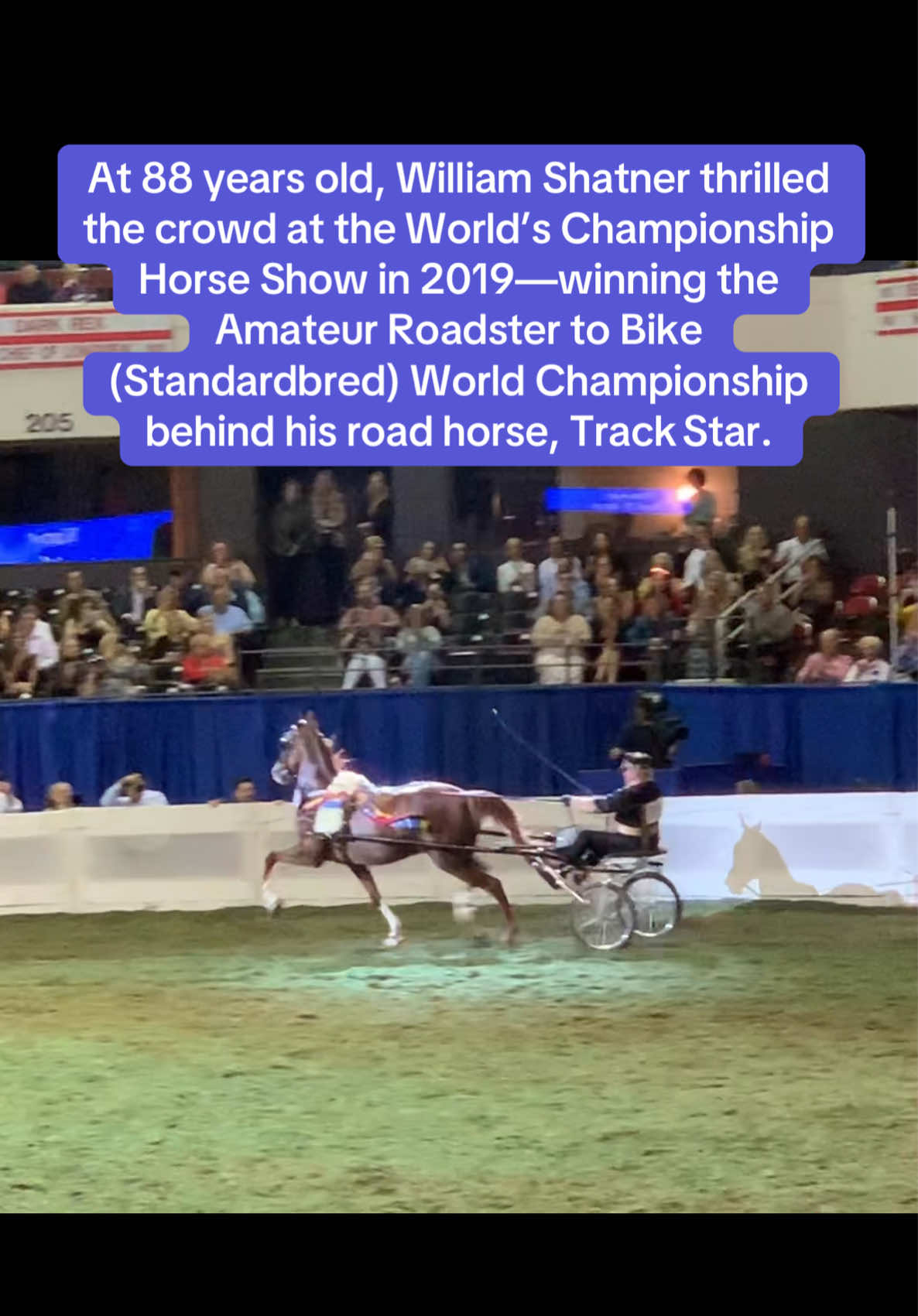 At 88 years old, William Shatner thrilled the crowd at the Kentucky State Fair’s World’s Championship Horse Show in 2019—winning the Amateur Roadster to Bike (Standardbred) World Championship behind his road horse, Track Star. #WilliamShatner #KentuckyStateFair #WorldsChampionshipHorseShow #TrackStar #EquestrianChampion        