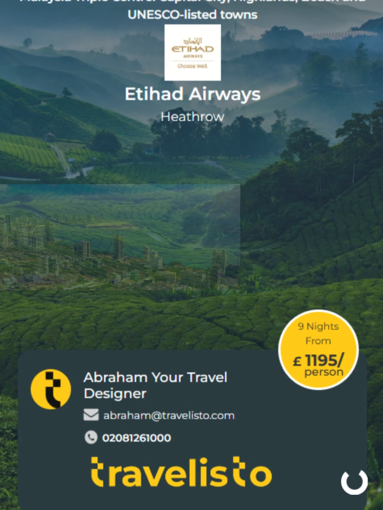𝗟𝗮𝘀𝘁 𝗺𝗶𝗻𝘂𝘁𝗲 𝗦𝗽𝗲𝗰𝗶𝗮𝗹 𝗢𝗳𝗳𝗲𝗿 £𝟭𝟭𝟵𝟱𝗽𝗽! 🇲🇾 Malaysia Triple Centre in 9 nights: City, Highlands & Beach Escape! Discover the vibrant diversity of Malaysia with this 9-night journey through Kuala Lumpur’s dynamic city life, the cool serenity of the Cameron Highlands, and the relaxing beaches of Penang. Enjoy cultural landmarks, scenic nature trails, and UNESCO-listed towns—all with seamless private transfers and daily breakfast included. ✅ 3 nights in Kuala Lumpur at Howard Johnson by Wyndham (Superior Room) ✅ 3 nights in Cameron Highlands at Strawberry Park Resort (Tioga Deluxe Suite) ✅ 3 nights in Penang at DoubleTree Resort by Hilton (Deluxe Room) ✅ Private transfers throughout ✅ Daily breakfast included ✅ Flights with Etihad Airways via Abu Dhabi from London Heathrow 💷 From £1195pp — 9 nights, based on 2 adults sharing: Kuala Lumpur: 3 nights, Superior Room, breakfast Cameron Highlands: 3 nights, Tioga Deluxe Suite, breakfast Penang: 3 nights, Deluxe Room, breakfast Flights with Etihad Airways via Abu Dhabi from London Heathrow 📅 Book by: 31 AUG 25  ✈️ Travel: 10 NOV – 21 NOV 2025 🔗 https://travelisto.com/special-offers/Malaysia_Triple_Centre_Capital_City_Highlands_Beach_and_UNESCO_listed_towns1 📧 info@travelisto.com #travelisto_com
