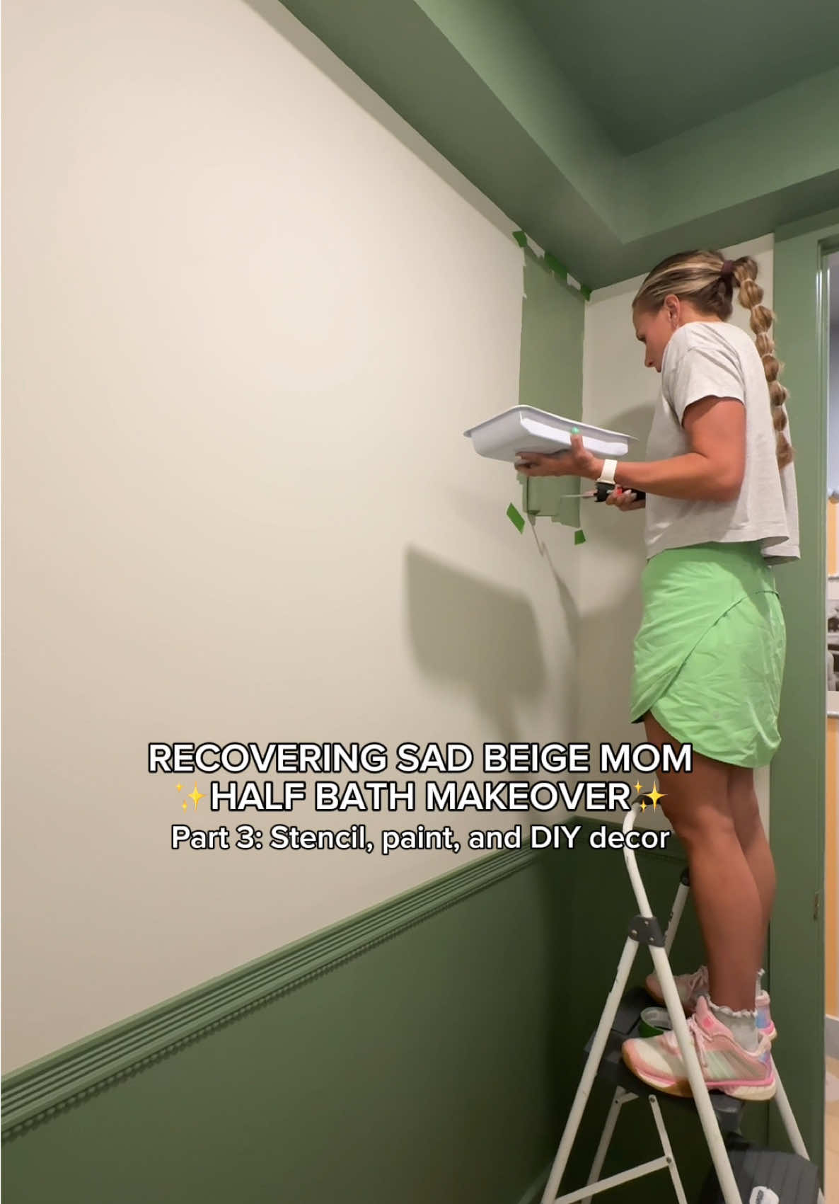 Part 3 of the recovering sad beige mom half bathroom makeover! Today we’re finishing all the stenciling on the wall and it took me… A long time. This required so much patience, but I absolutely love it so I’m totally gonna do this again. I also replaced the light fixture and electrical is a lot more intimidating than it actually should be. Switching out a fixture is pretty easy. Then I started on all the DIY decor and I promise you tomorrow’s gonna be worth the wait because the reveal is so good! #workingmom #diyprojects #workingmoms #workingmomlife #toddlermom #diyhomeprojects #diyhomedecor   