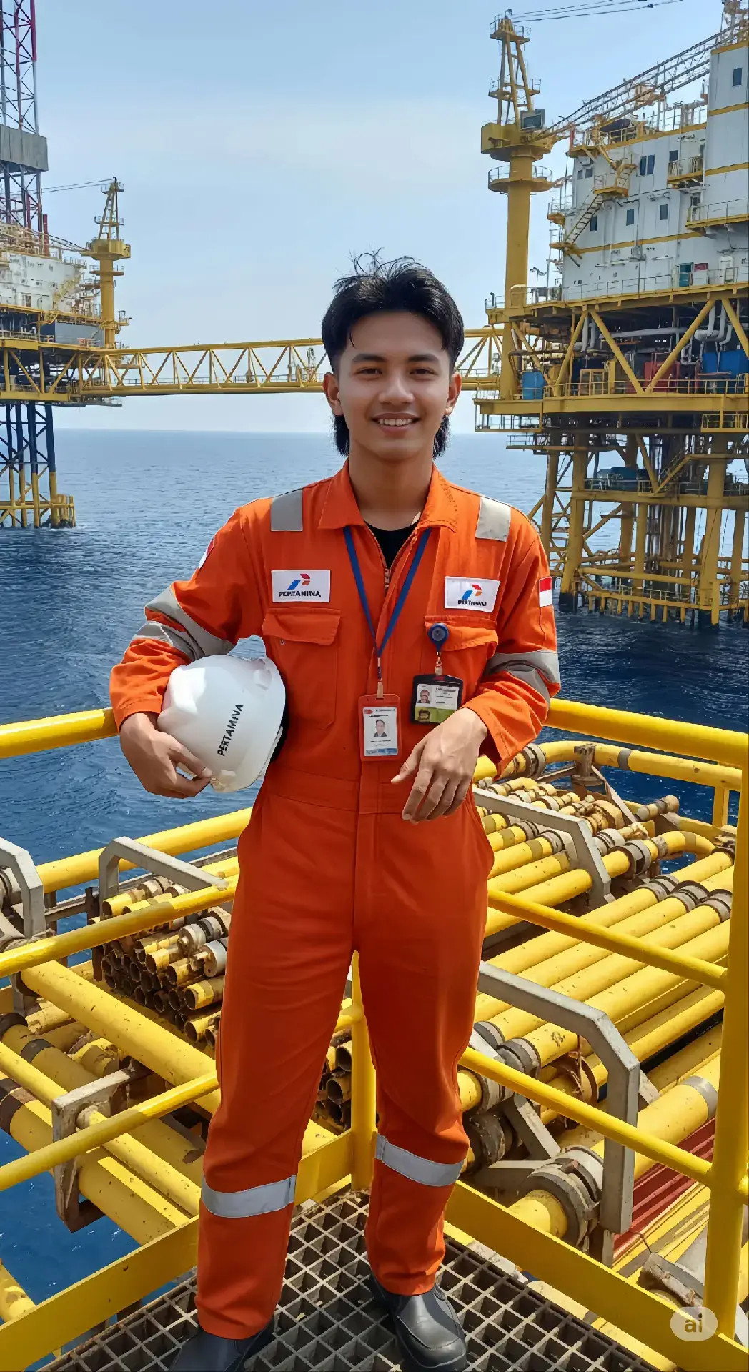 Tapi ini bukan tentang pelaut🌊 prompt:👇🏻👇🏻👇🏻 Foto full body seorang pria muda di rig lepas pantai, mengenakan coverall orange terang dengan garis reflektif dan helm keselamatan putih, berdiri tegak dengan tangan bersandar di pagar kuning. Di latar belakang, terlihat lautan biru luas dan rig lepas pantai besar yang terhubung oleh jembatan. Pencahayaan alami sore hari yang cerah, gaya foto corporate namun stylish. . . . . . #aiphoto #pelautindonesia #pertamina #xybca #4u #prompt #photography #gemini #pejuangrupiah #ai #editphoto #aiphotography #chatgpt #edit #pelaut #pelautpunyacerita #beachvibes #geminis #prompterchallenge #geminifourth #foryou #edits 