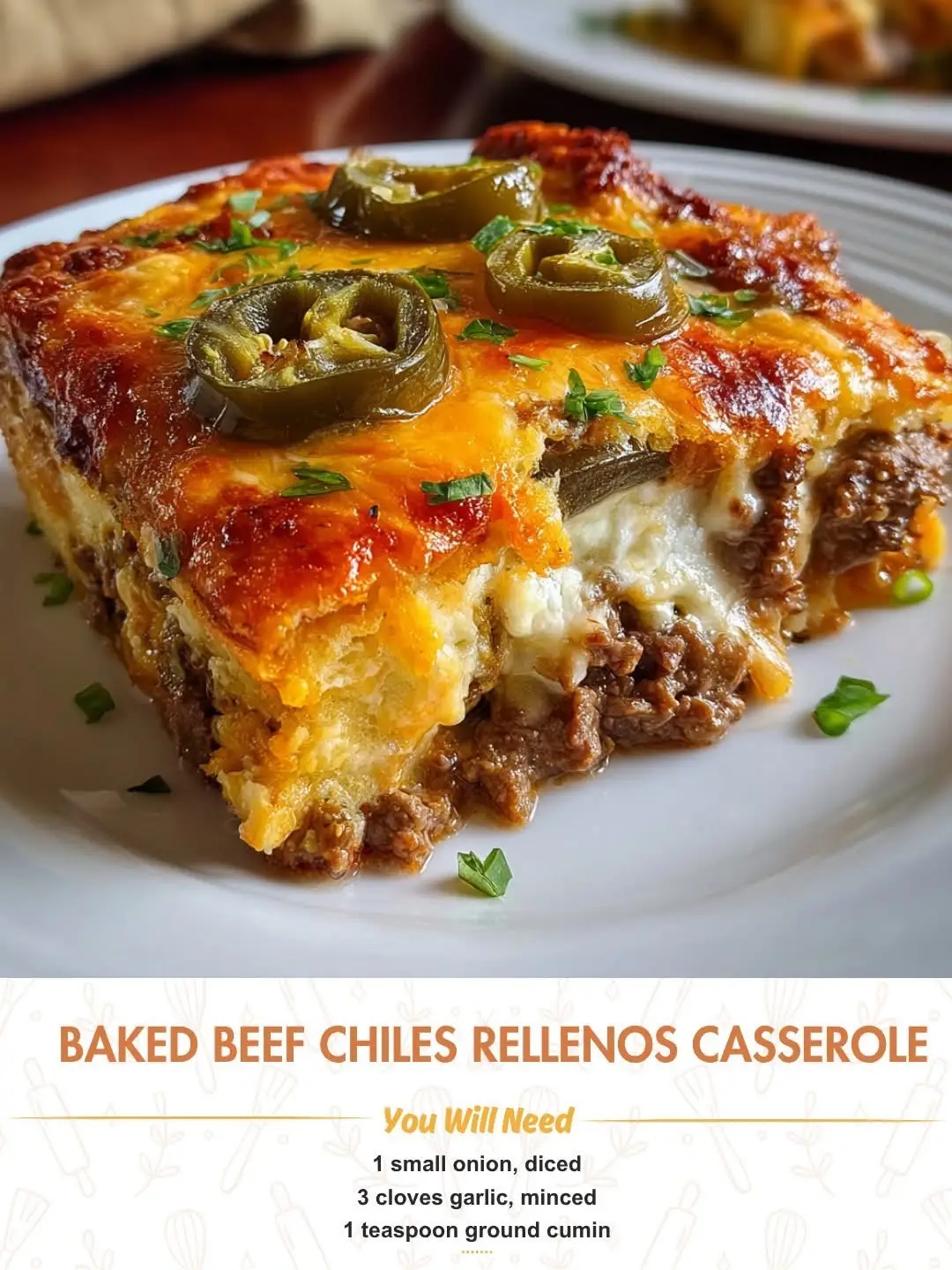 1 pound ground beef 4 large poblano chiles 1 cup shredded cheddar cheese 1 cup shredded Monterey Jack cheese 1 can diced tomatoes 1 small onion, chopped 2 cloves garlic, minced 4 large eggs 1 cup milk 1 teaspoon ground cumin 1 teaspoon salt INSTRUCTIONS Preheat the oven to 350°F (175°C). In a skillet, cook the ground beef over medium heat until browned. Drain excess fat. Add chopped onion and garlic to the skillet; cook until softened. Stir in diced tomatoes, cumin, and salt; simmer for 10 minutes. Roast the poblano chiles in the oven until the skin is charred. Remove, peel, and stuff with the beef mixture. In a large bowl, whisk together eggs and milk; pour over the stuffed chiles in a greased casserole dish. Top with shredded cheddar and Monterey Jack cheese. Bake for 30-35 minutes until set and golden brown on top.