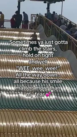 I reeeeally didnt want to ride this slide. But he did. I HATE heights and it was hot AF. I though I was going to 🤢 . But I sucked it up and gave ourself a pep talk all the way up. This kid makes me a better person every day 🥹 #iowastatefair #faceyourfear 