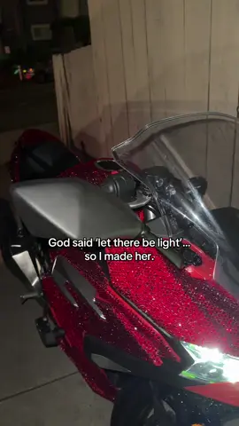 This red Rhinestone motorcycle took me forever so a helmet will be coming in time, give me a second to rest 😂. #bedazzled #bedazzledmotorcycle #rhinestonemotorcycle #rhinestones #sparkle #motorcyclesoftiktok #motorcyclegirl #bikertok #sarina #ninja500 #kawasaki #kawasakininja