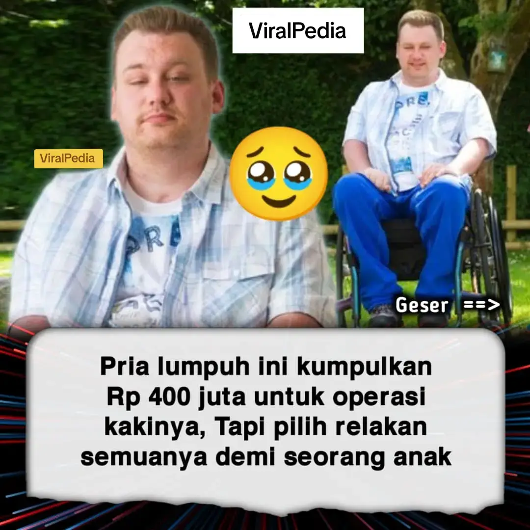 Tidak semua pahlawan mengenakan jubah. Ada juga sosok yang duduk di atas kursi roda, tetapi kepahlawannya telah membawa harapan bagi orang lain. 🥹🥹🥹 Sejak lumpuh akibat kecelakaan sepeda, seorang pria Inggris bernama Dan Black selalu bermimpi untuk bisa bangkit dari kursi rodanya. Tetapi saat impian itu bisa terwujud, dia malah mengorbankannya demi seorang anak laki-laki. Brecon Vaughan menderita cerebral palsy sejak lahir yang membuatnya tak bisa berjalan. Namun ia punya satu kesempatan untuk bisa berjalan, yaitu dengan melakukan operasi khusus. Sayangnya, operasi tersebut memakan biaya yang tak sedikit. Orangtua Brecon berupaya mengumpulkan uang untuk operasi anaknya namun tak kunjung berhasil. Sampai akhirnya Dan Black mendengar kisahnya, dan memutuskan untuk membantu. Dan Black tidak keberatan ketika harus merelakan harapan demi bocah tersebut. Baginya, bila semua orang di dunia ini bisa melakukan hal serupa, maka dunia akan menjadi tempat yang lebih indah. .. .. .. Reference: https://www.mirror.co.uk/news/real-life-stories/paralysed-dan-black-donates-money-2045907 #black   #fyp  #kebaikan #kasihsayang #sad  #pahlawan #hero 