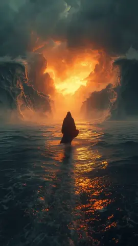 Un être mystérieux marche sur les eaux, guidé par une lumière divine à travers la tempête. Une scène épique et envoûtante qui semble sortir d’un rêve. Hashtags : #epiccinematic #oceanmagic #divinelight #fantasyart #wallpaper 