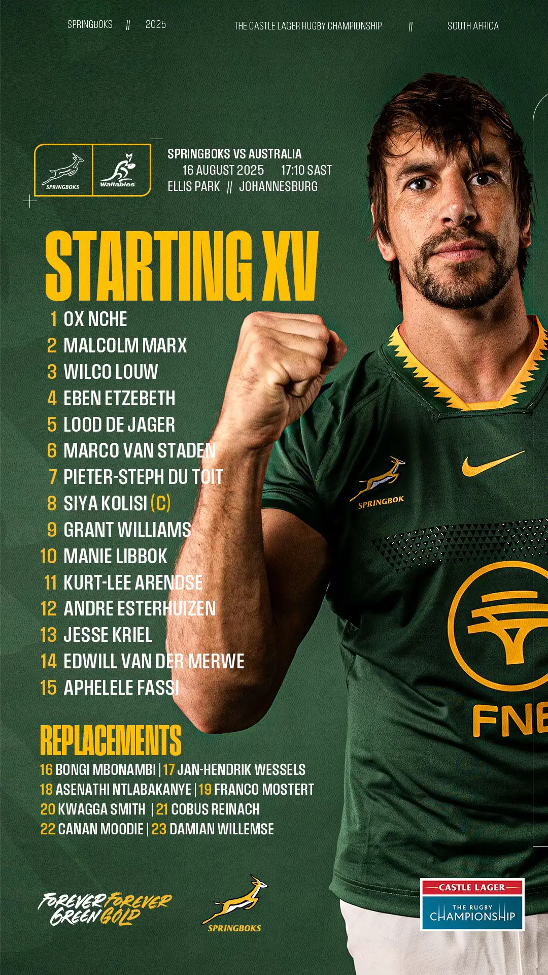What a way to start the week! Check out the #Springboks team to face Australia at Ellis Park on Saturday 🔥 #ForeverGreenForeverGold