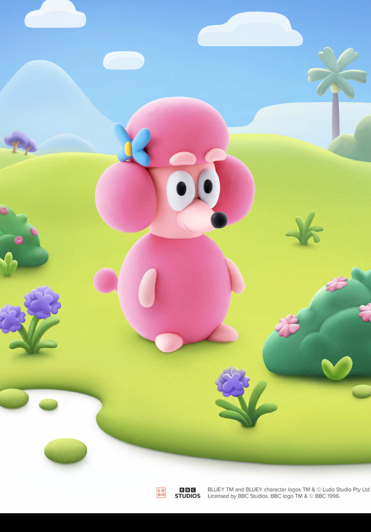 This is Coco, one of Bluey’s good friends 🩷 Coco likes to keep her pink, poofy poodle hair nice and neat with her blue butterfly hair clips. #heyclay #Bluey #clayart #clayartist #playideas  
