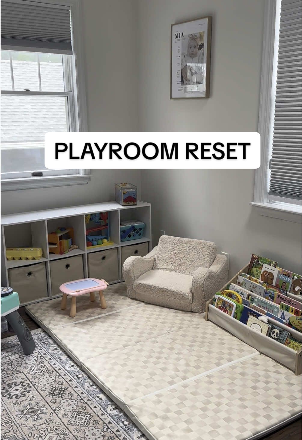 This space is always evolving to fit what serves Mia and us in the moment - but here’s where we’re at right now. We were able to take down the gates and make the playroom feel much more open @the House of Noa mat & everything else linked on my sf!! @Still Novel artwork 🖼️ #mom #motherhood #playroom #toddler #toddlermom #playtime #toys #playroomorganization 
