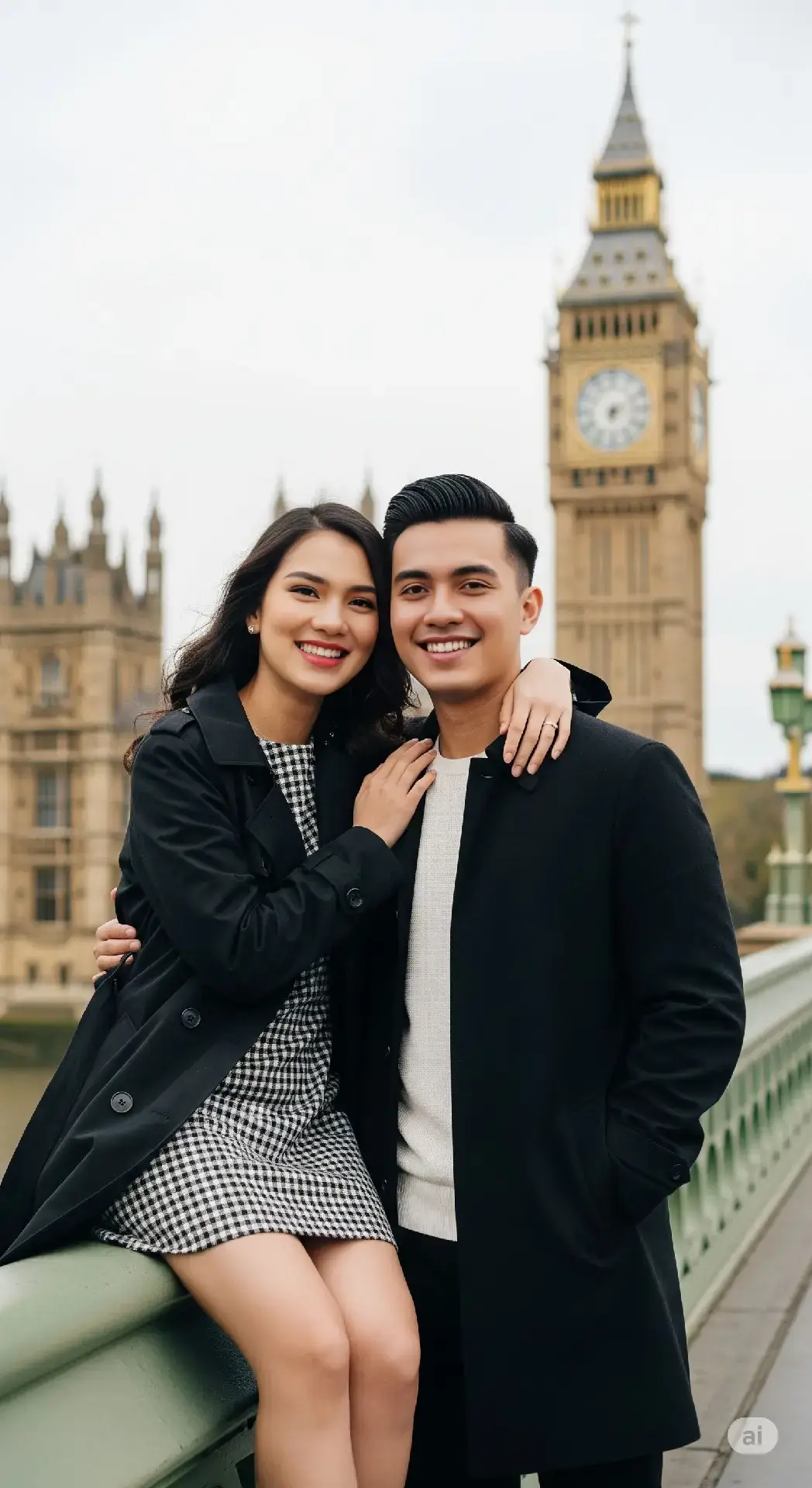 PROMPT : A hyper-realistic 9:16 low-angle waist-up portrait of a 20-year-old Indonesian Sundanese couple on Westminster Bridge in London, with Big Ben (Elizabeth Tower) and the Palace of Westminster clearly visible in the background. The man stands close beside the woman who is sitting elegantly on the stone railing of the bridge. He has an oval face, clean-shaven, fair skin, slicked black hair combed to the side, wearing a white turtleneck sweater, black trench coat, and black pants. The woman has a heart-shaped face, sharp jawline, almond slightly upturned eyes, fair white skin, long dark brown hair with soft loose waves, wearing a short above-mid-thigh casual black-and-white plaid dress and a black trench coat. She sits with one leg crossed over the other, her right hand resting gently on the man’s shoulder while he wraps one arm lightly around her waist in a tender embrace. Both are smiling broadly with teeth visible, their cheeks pressed closely together, looking directly at the camera with joyful expressions. The lighting is soft overcast daylight, diffused and even, with ultra-detailed textures on their clothing, faces, and the historic buildings behind them, emphasizing a warm, intimate, and natural atmosphere. #prompt #geminiai #london #bigben #travelphotography #traveltiktok #british #chatgpt #aigenerated #davinakaramoy #aesthetic #trip #photography @Davina Karamoy 