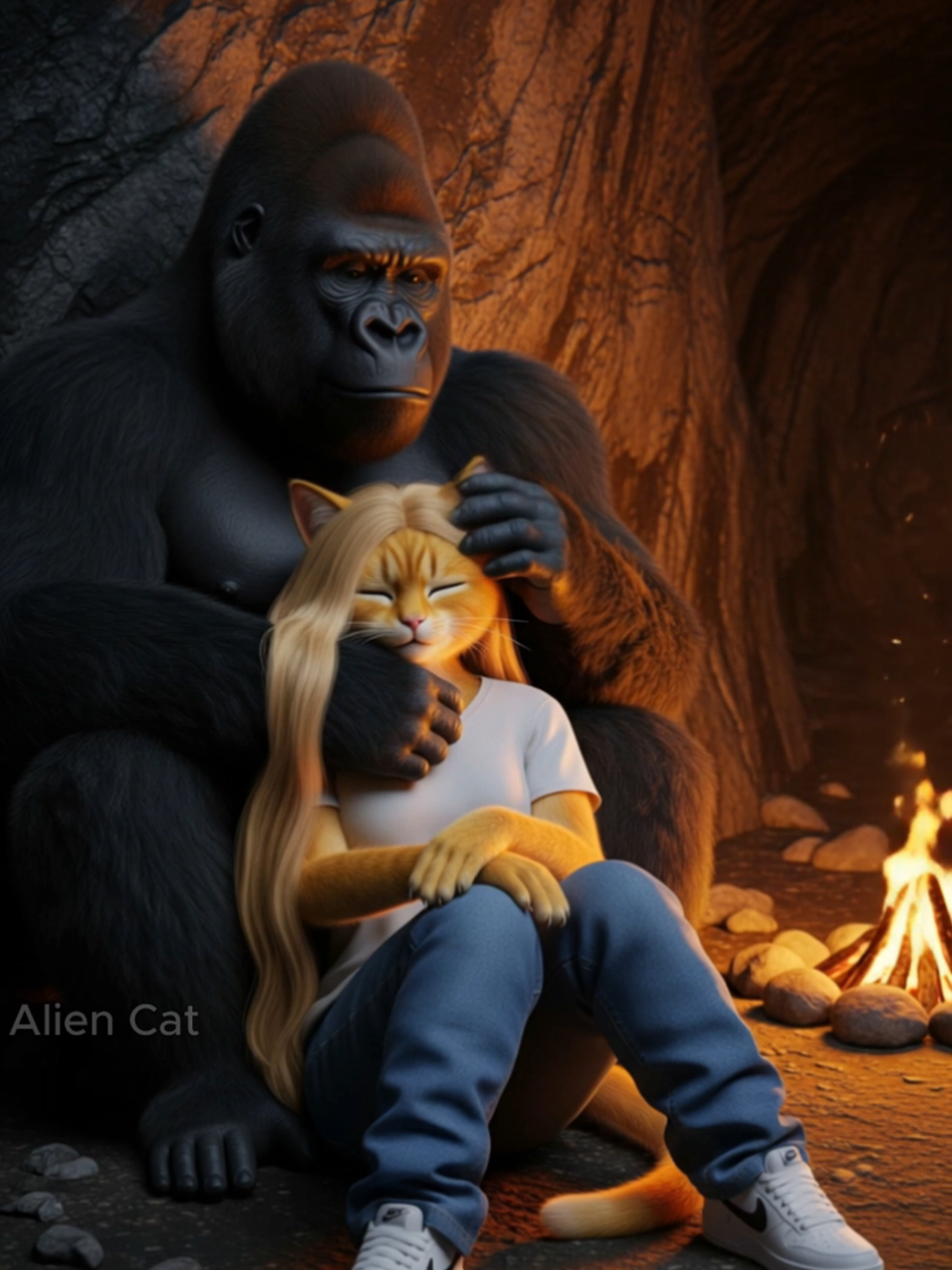 The cat was harmed and abandoned in a dangerous forest. Fortunately, it met a gorilla who always took care of and protected it.#catfamily #poorcat #kittens #aicat #cat #catsoftiktok #catstory #videoviral #fyp 