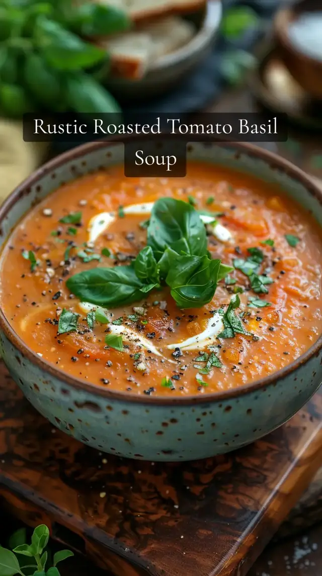 Ingredients 2 lbs ripe tomatoes, halved 1 large onion, quartered 4 cloves garlic, unpeeled 3 tbsp olive oil Sea salt & black pepper 2 cups vegetable broth 1/2 cup heavy cream (optional for creaminess) Fresh basil leaves, plus extra for garnish Instructions 1. Roast – Preheat oven to 400°F (200°C). Place tomatoes, onion, and garlic on a baking sheet. Drizzle with olive oil, sprinkle with salt & pepper, and roast for 30–35 minutes until caramelized. 2. Blend – Squeeze roasted garlic from skins into a blender. Add roasted vegetables, broth, and a handful of basil. Blend until smooth. 3. Simmer – Pour into a pot, stir in cream (if using), and heat gently for 5 minutes. Adjust seasoning. 4. Serve – Ladle into bowls, drizzle with olive oil or cream, top with fresh basil and cracked pepper.