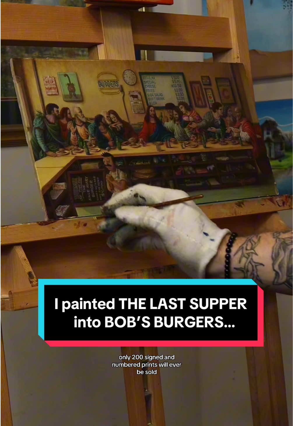 I painted Bob’s Burgers into The Last Supper! 🍔🍷  Thank you all for the support on this project. I poured my heart into this one. I literally cried real tears when it sold… this one was so close to my soul and selling it felt like a true sacrificial offering 😭 The prints are flying off the shelf too… thank you all so much ❤️ my family and I are eternally grateful! The print making process begins today. I’ll be printing/shipping for AT LEAST a week! Stay tuned for some behind the scenes shots on how my art prints are made… 📸 🖼️ 🖨️  Once these prints sell out I’m forever retiring this painting…NEVER TO BE PRINTED AGAIN! Not even a small reprint…so now’s your chance. My website is www.pacoway.com ✨ Please email me at art@pacoway.com if you have any questions! We are responding as quickly as we can 🙌  Much love, Paco #art #bobsburgers #mashup #thelastsupper #painting #bobsburgersfanart #arttok #popculture #family #artist #artlife #originalart #paco #bobsburgerspainting #artbypacoway #upcycling 