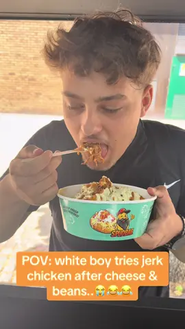 White boy turns Jamaican after trying jerk chicken 😂😂😭.  @vinzbailey11 @vinzbaileyy #spudbae #spud #jacket #potato #fyp #foryou #viral #trending #london #bexleyheath #jamaica #jerk #chicken #Foodie