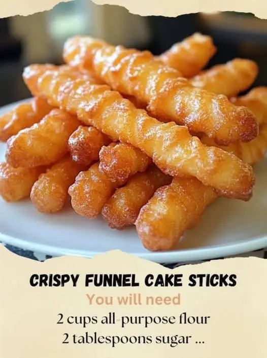 Trust me! You’re missing a lot if you haven’t joined this group The Kitchen Social  Crispy Funnel Cake Sticks 2 cups all-purpose flour 2 tablespoons sugar 2 teaspoons baking powder 1/2 teaspoon salt 2 large eggs 1 1/2 cups milk 1 teaspoon vanilla extract Vegetable oil, for frying Powdered sugar, for dusting Instructions In a large mixing bowl, combine the flour, sugar, baking powder, and salt. In a separate bowl, whisk together the eggs, milk, and vanilla extract. Gradually add the wet ingredients to the dry ingredients, stirring until smooth. Heat about 2 inches of vegetable oil in a deep skillet or fryer to 375°F (190°C). Pour the batter into a squeeze bottle with a wide opening or a piping bag fitted with a large round tip. Squeeze the batter into the hot oil in long, thin strips, cooking a few at a time. Fry the strips for 2-3 minutes on each side, or until golden brown and crispy. Remove the funnel cake fries with a slotted spoon and drain on paper towels. Dust the hot fries generously with powdered sugar before serving.