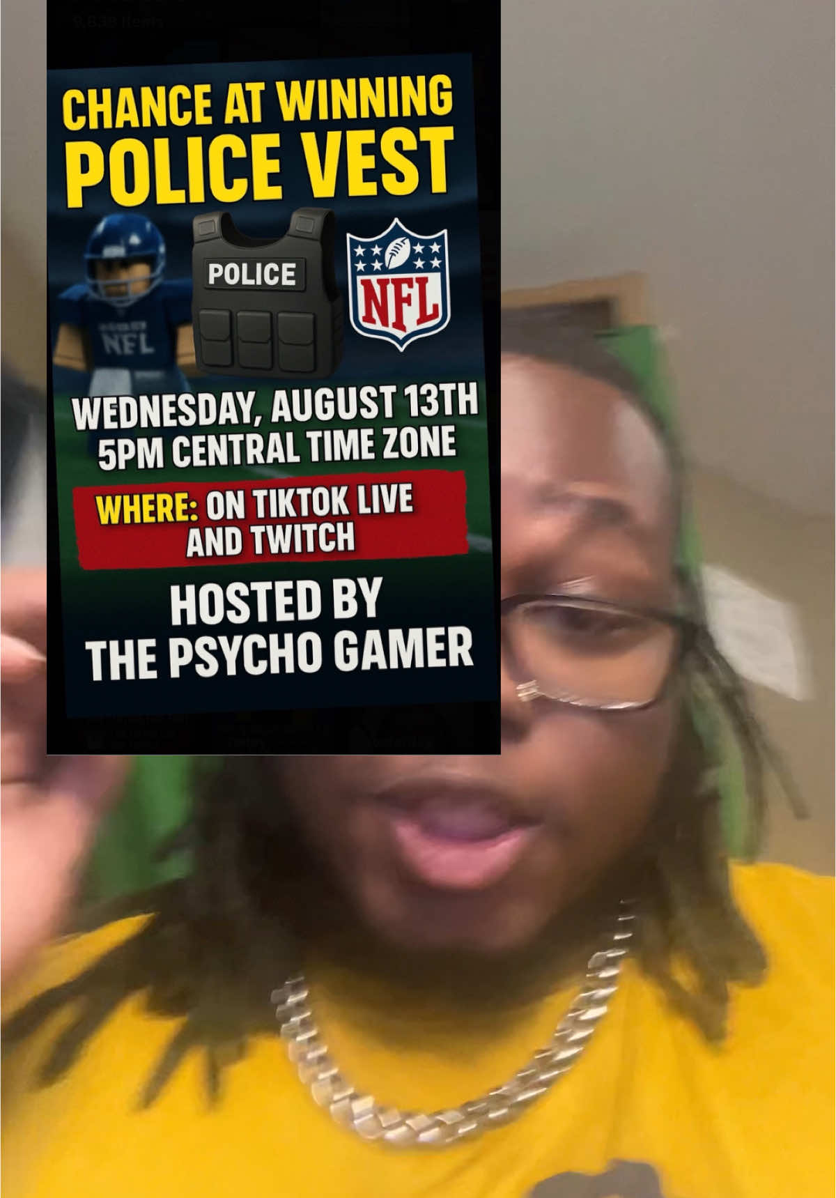 Let’s make this event bigger than the last one!!  @NFL Universe Football 🚨 POLICE VEST Event 🚨 Happening LIVE in Roblox NFL Universe! 🏈👮‍♂️ 📅 Wednesday, Aug 13 | ⏰ 5PM CST 📍 TikTok Live + Twitch 🎮 Hosted by The Psycho Gamer Don’t miss your chance to win BIG — tap in and show out! 💥🔥#Roblox #NFLUniverse #TikTokLive #GamingCommunity #ultimatefootball #UFClips 