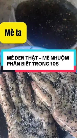 MẤY NƯỜNG ƠI! 🌿 Mè đen thật khác mè nhuộm rõ lắm nha: 	•	Mè nhuộm → Đen óng bất thường, hạt nặng chìm xuống đáy khi ngâm, nước đen xì, chà ra tay đen thui, nhân ít. 	•	Mè ta → Màu đen tự nhiên, hạt nhẹ nổi lên, nước đen nâu, chà ra tay chỉ hơi đen nhẹ, nhân đầy ăm ắp, rang thơm lừng. Nhớ phân biệt kỹ để ăn cho an toàn, kẻo đẹp bên ngoài mà hại bên trong nha! 💚 #medensach #mèđenTâyNguyên #phânbiệtmèsạch #nôngsảnTâyNguyên #ngatâynguyên #meonhochome #mèđen @Nga gác ba ga 