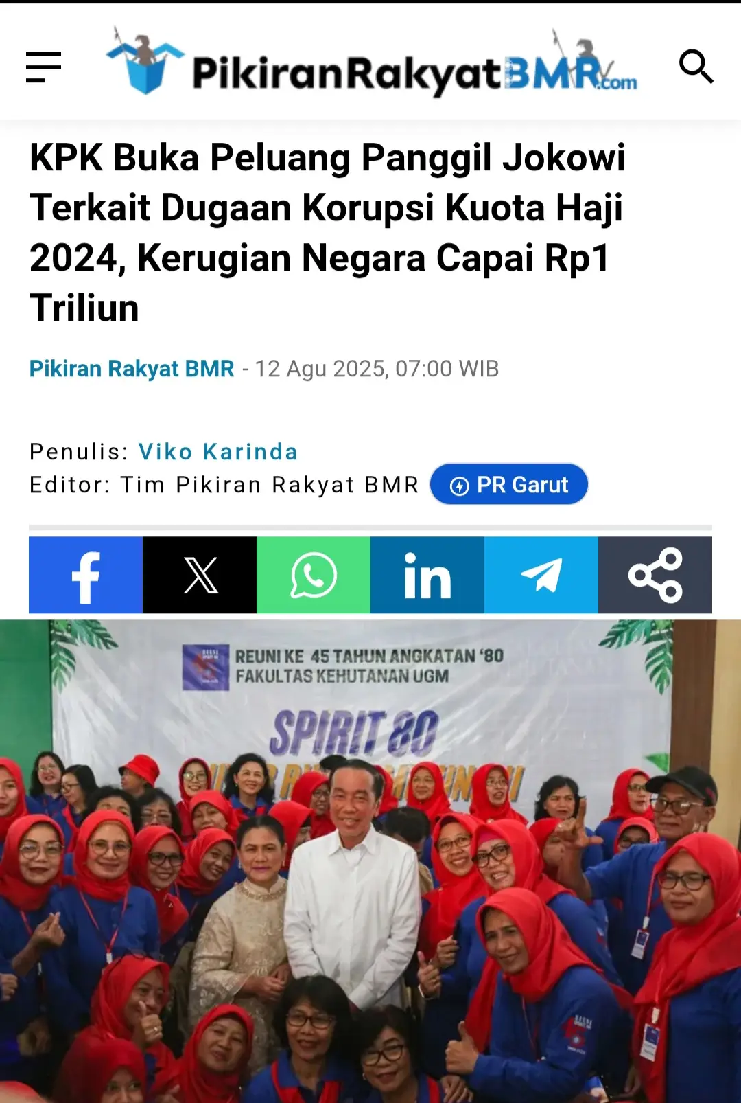 Komisi Pemberantasan Korupsi (KPK) mengisyaratkan kemungkinan memanggil Presiden ke-7 Republik Indonesia, Joko Widodo (Jokowi), dalam penyelidikan kasus dugaan korupsi kuota haji tahun 2023–2024 di Kementerian Agama (Kemenag). Juru Bicara KPK, Budi Prasetyo, mengatakan pihaknya akan memanggil siapa pun yang diyakini mengetahui konstruksi perkara ini, tanpa terkecuali. Sumber Artikel berjudul 