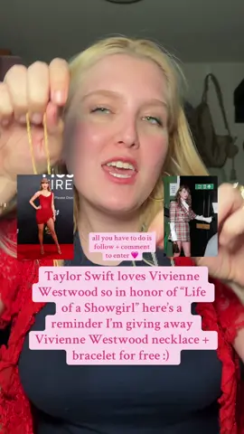 taylor swift dropped that life of a showgirl is coming so here’s a reminder you can help make my dreams come true if you enter this giveaway - all you need to do is comment & follow! I love making these additional entry videos for the vivienne westwood necklace & vivienne westwood bracelet hehe - here’s today’s 🩷 all you have to do is comment and make sure you’re following but I’d love if u shared it too! I love u! #lifeofashowgirl #taylorswiftstyle #taylorswiftviviennewestwood  #viviennewestwood #viviennewestwoodjewellery 