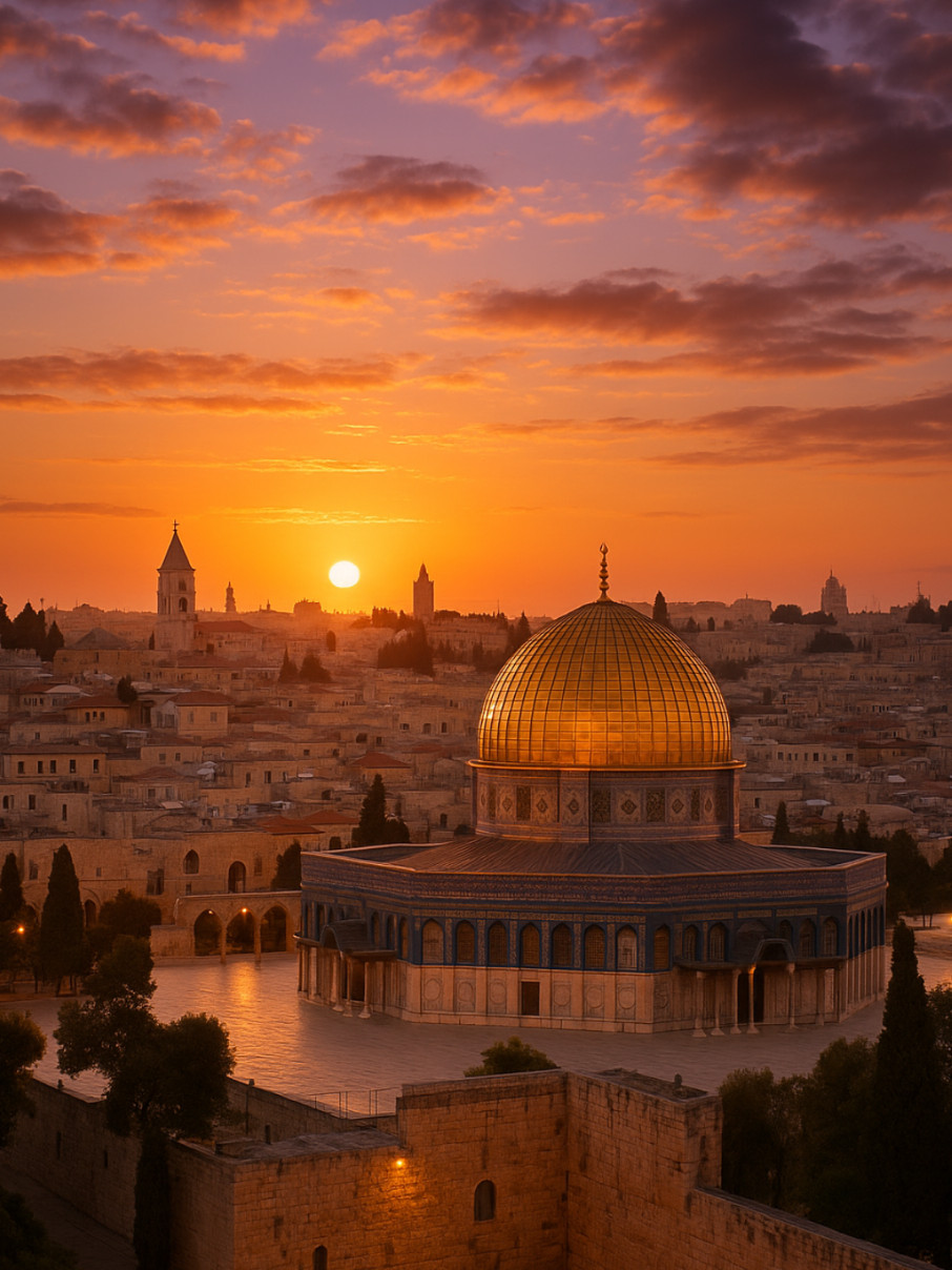 Jerusalem awakens in a light of hope ✨🌅#Jerusalem #OldCity #DomeOfTheRock #Sunrise