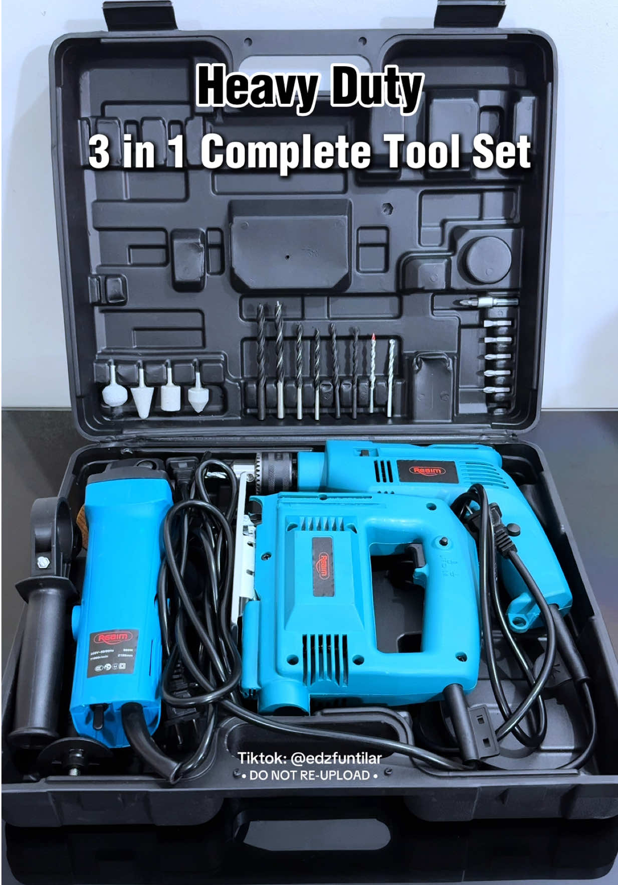 Heavy Duty 3 in 1 Complete Tool Set Angle Grinder, Impact Drill and Jigsaw with Free Gloves, Measuring Tape, Cutter and Free Tool Box ❤️ #reaim3in1powertools #3in1powertools #drill #jigsaw #grinder